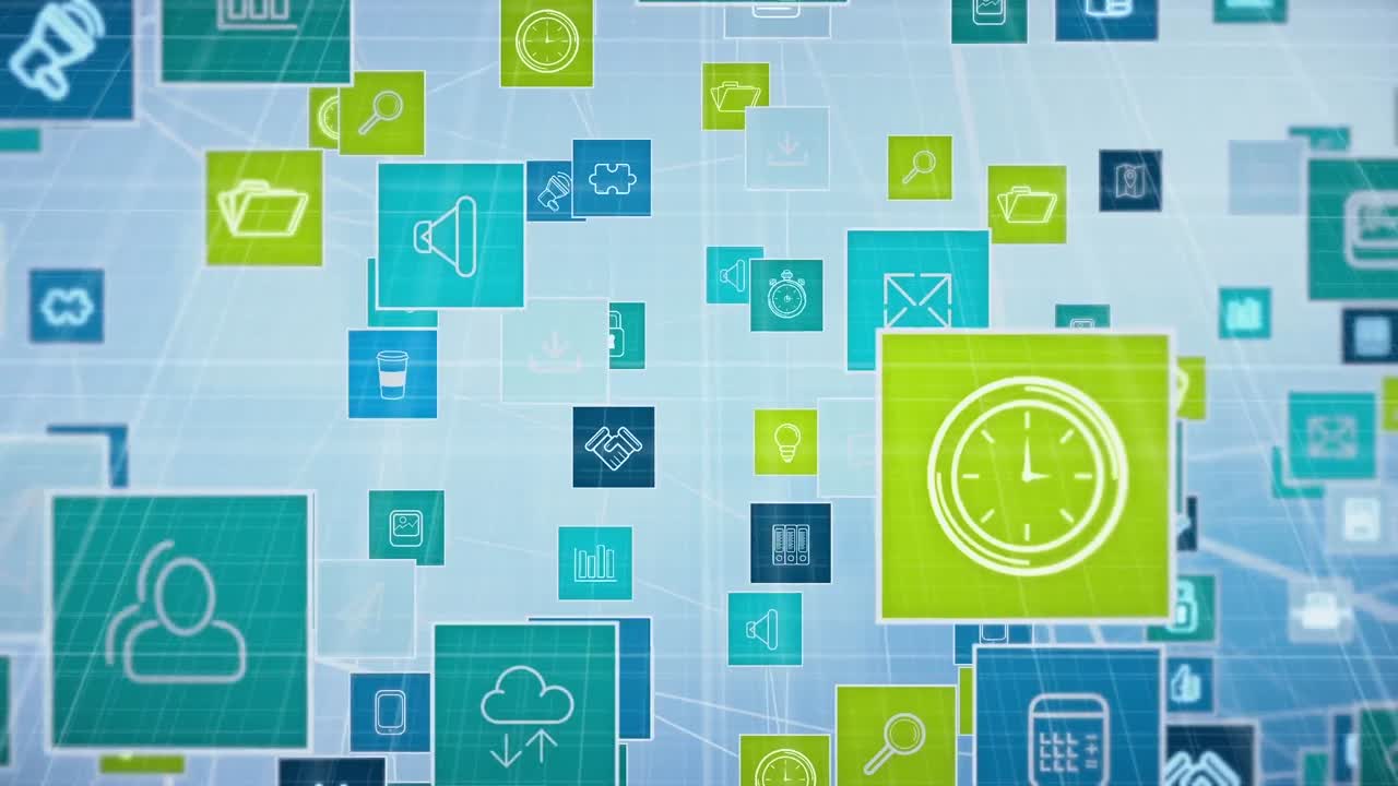 Animation of icons floating on blue background