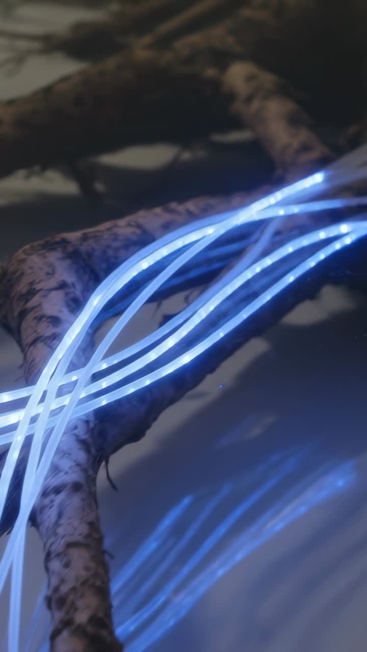 Cavi in fibra ottica blu luminosi intrecciati con radici di alberi