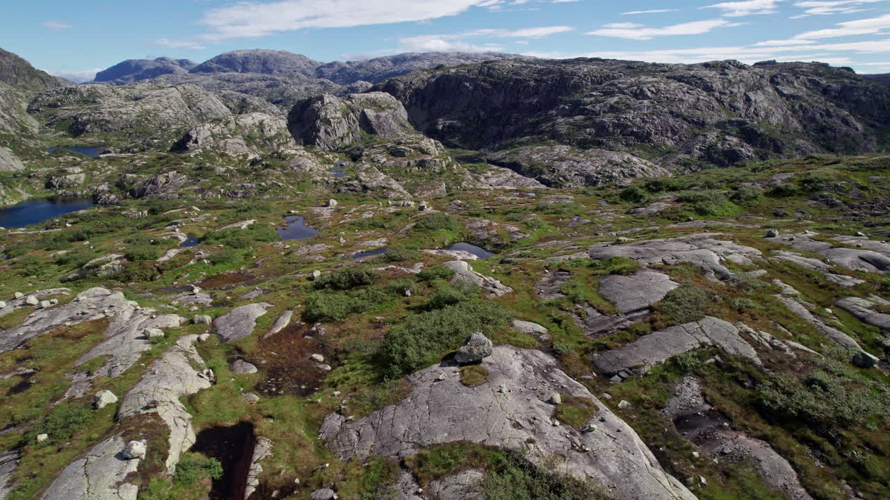 Luftfoto, der svæver over en række små søer i Norge