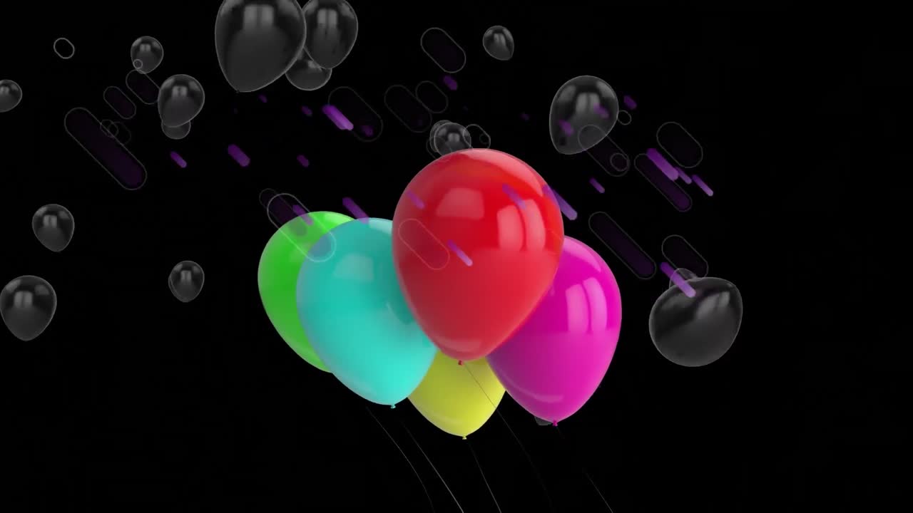 animación de globos coloridos, con globos negros flotantes y rastros de luz púrpura en negro