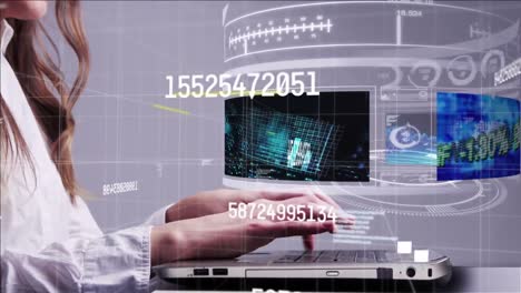 Animación-De-Cambios-De-Números-Y-Procesamiento-De-Datos-Sobre-Una-Mujer-Usando-Una-Computadora
