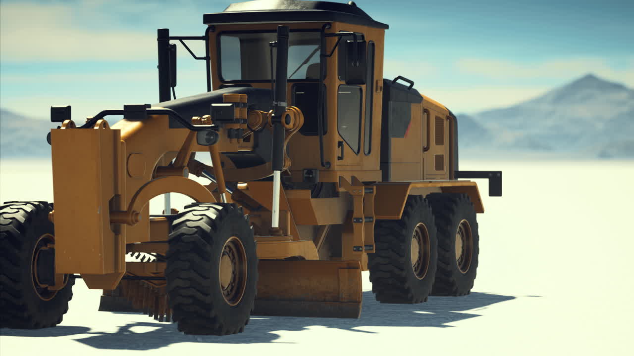 Heavy equipment operates in a snowy landscape under bright blue skies
