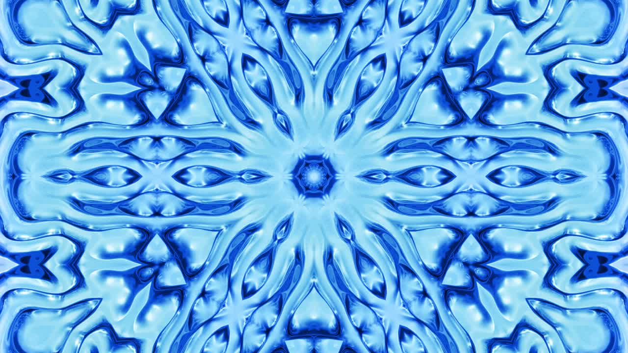 fondo simétrico abstracto con simetría estelar. mandala con olas. fondo líquido azul abstracto en bucle con patrón brillante ondulado, superficie brillante y brillante. efecto caleidoscopio