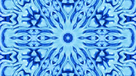 Abstract symmetric background with star symmetry. Mandala with waves. Looped abstract blue liquid background with wavy sparkling pattern, shiny glossy surface. Kaleidoscope effect