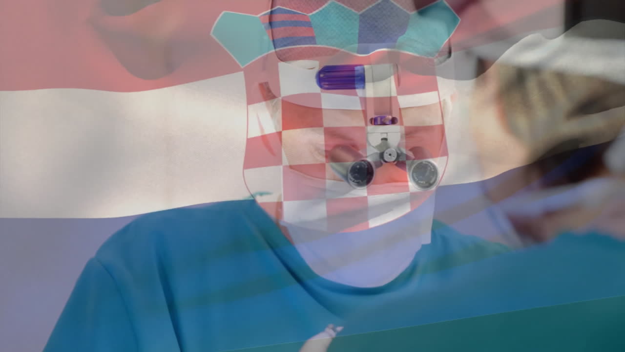 Animation of flag of croatia over caucasian surgeons during surgery