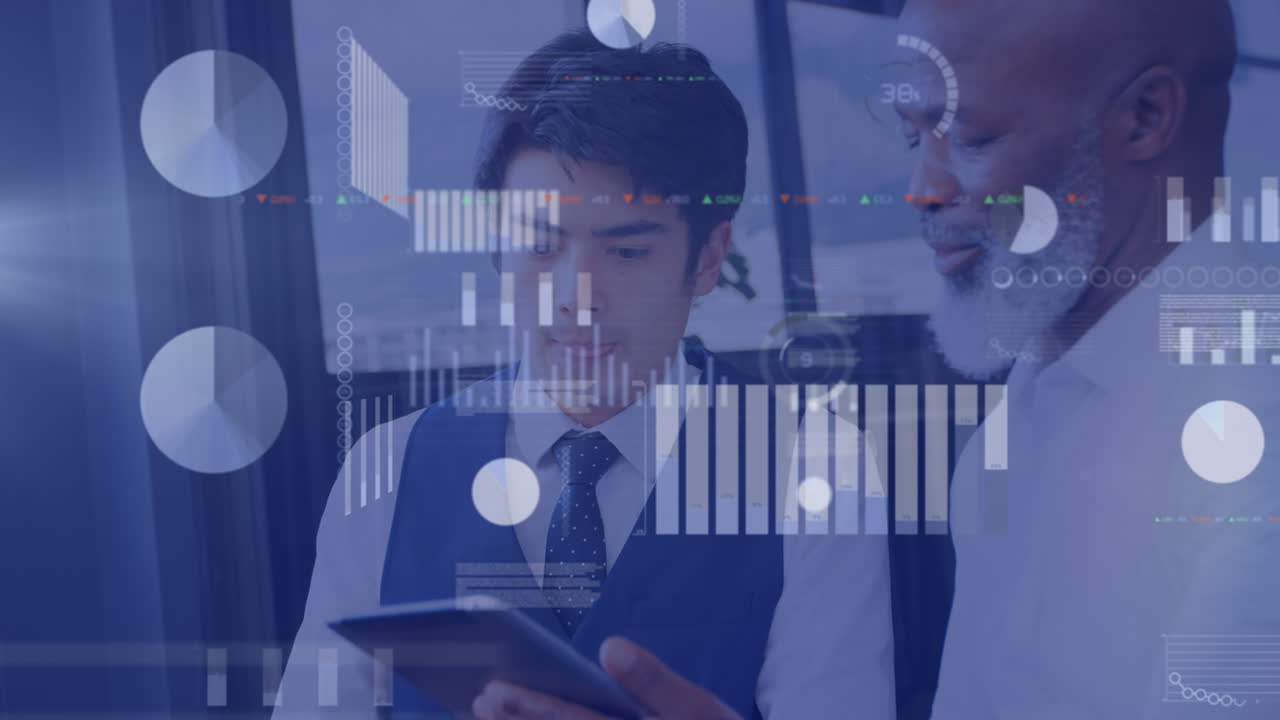 Animation of financial data and graphs over diverse male lcoworkers in office