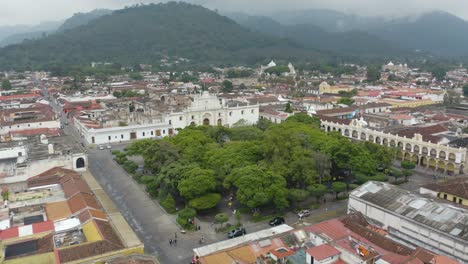 aerial view towards the plaza mayor, central park and the antigua guatemala cathedral