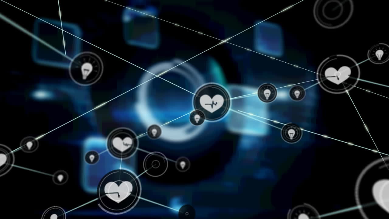 검은색 배경의 파란색 모양 위에 아이콘으로 연결 네트워크의 애니메이션