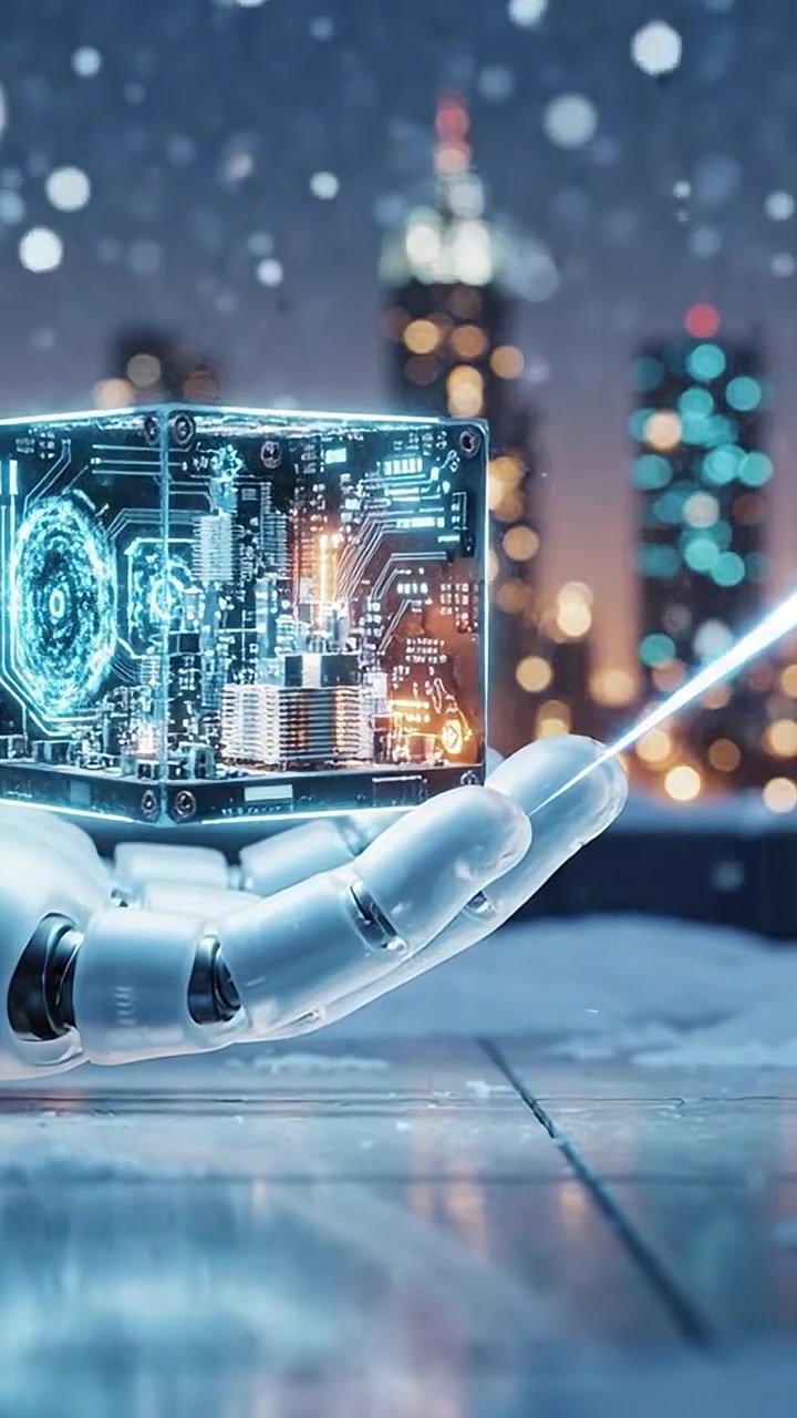 Futuristic robotic hand holding a glowing technological cube amidst a snowy urban landscape, showcasing advanced circuitry and illuminated digital patterns at night.