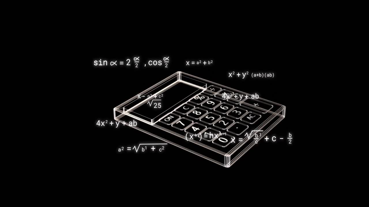 Animation of calculator icon over mathematical equations on black background