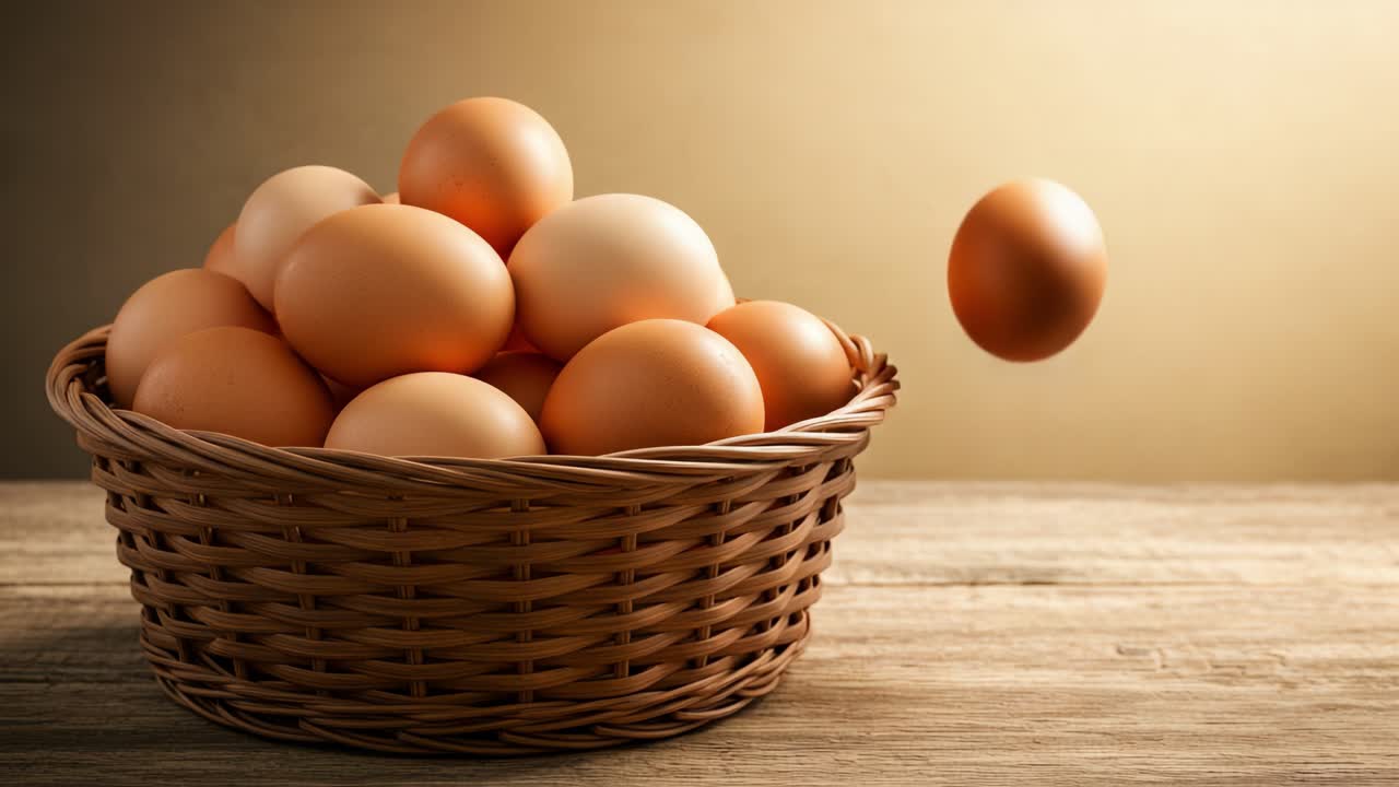 A Rustic Basket Overflowing with Fresh Brown Eggs on a Wooden Table, Highlighting the Simple Beauty of Nature and the Pleasures of Farm Fresh Produce
