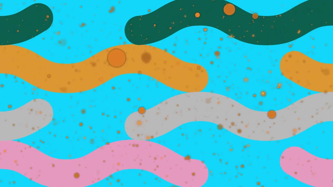 Animation of yellow spots over colorful abstract wavy shapes against blue background