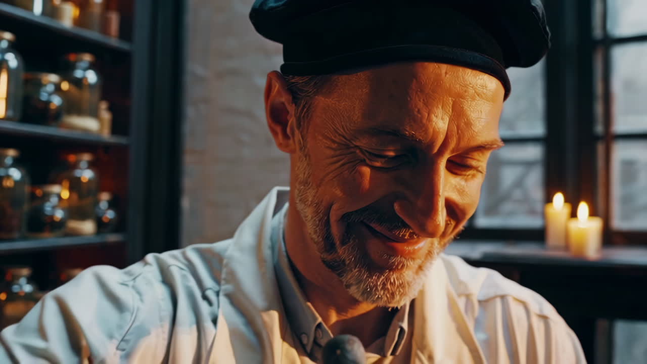 Smiling Alchemist in a Laboratory