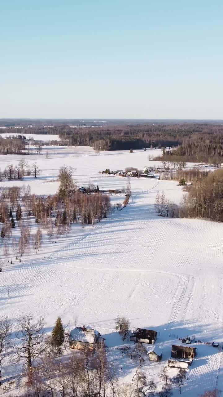 Aerial vertical footage shows snowy landscape in Krimulda, Latvia during sunset. Trees cast long shadows over quiet fields and country road, creating a serene winter evening atmosphere.