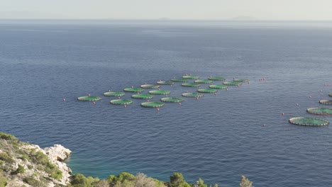 fish farm round cages in the aegina gulf in daytime in greece