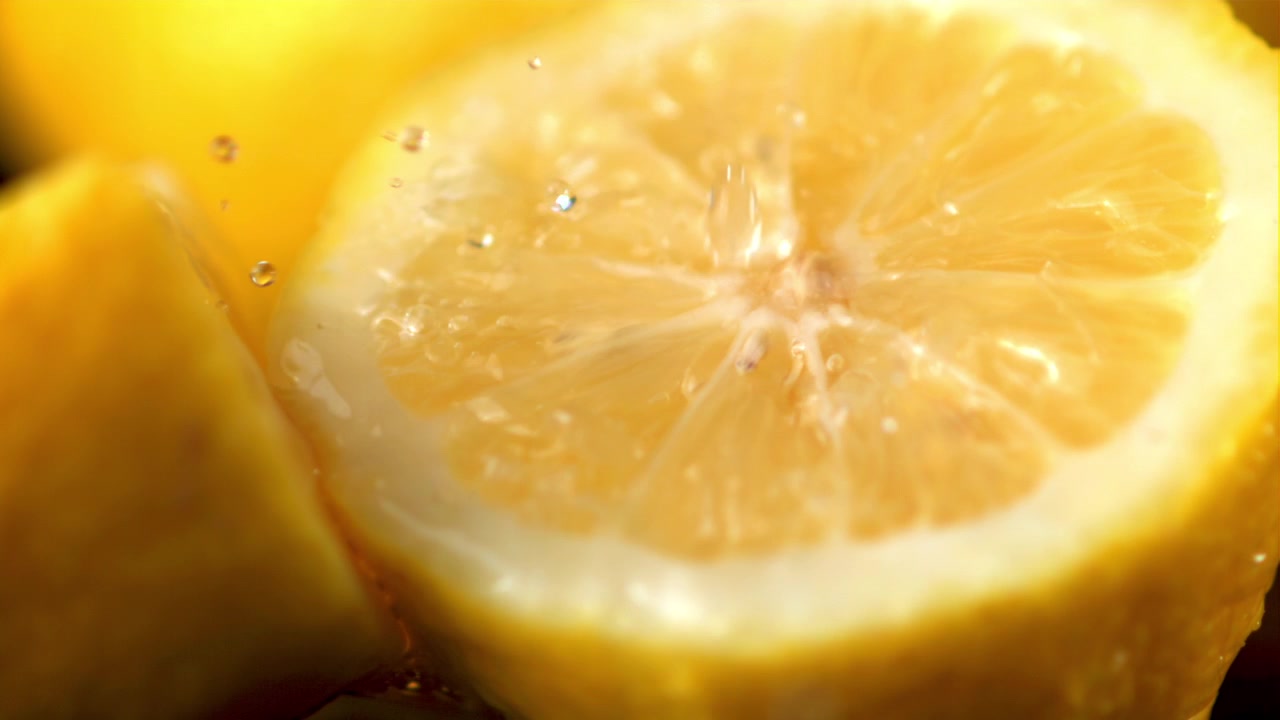 Gocce d'acqua che gocciolano su mezzo limone fresco al rallentatore
