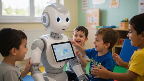 engaging children in learning through technology: a friendly robot interacting with kids in a classroom setting, inspiring curiosity and fun learning experiences