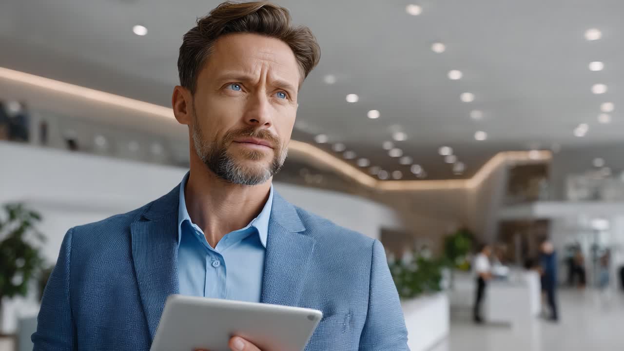 A Professional Man in a Modern Business Environment Reflects on His Next Decision While Holding a Tablet in a Bright and Contemporary Office Space
