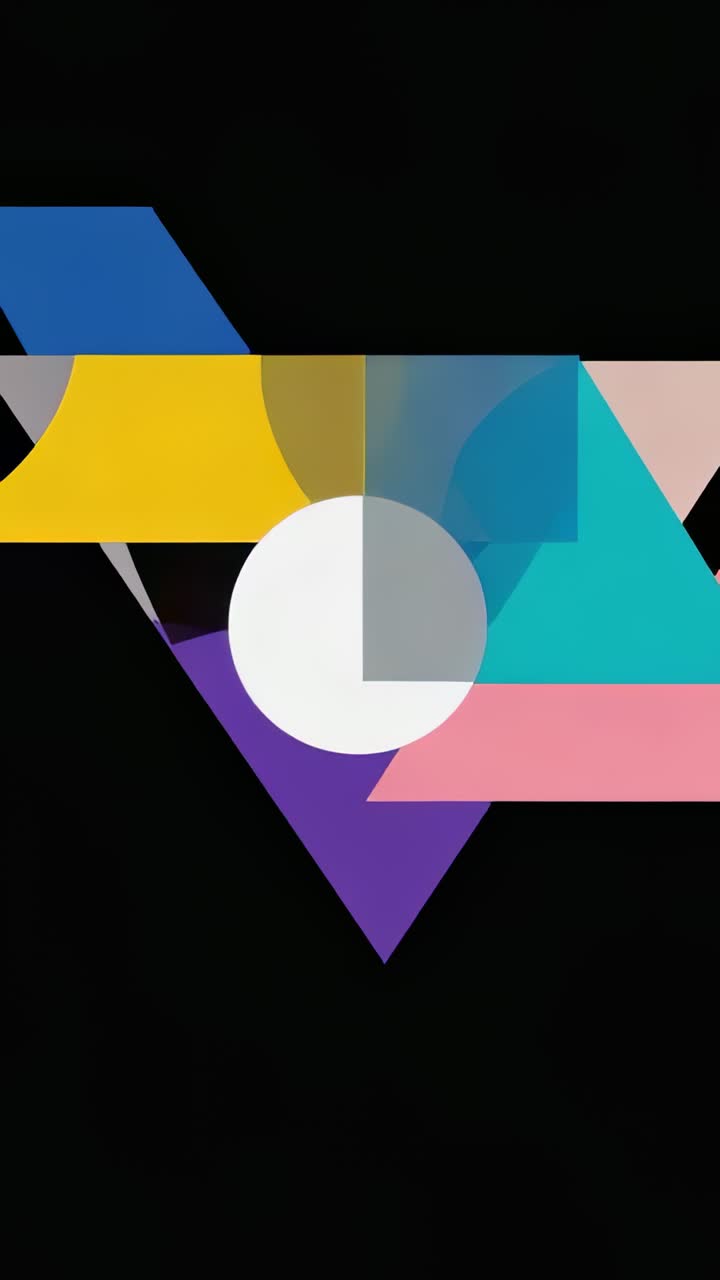 Vertical video: Materializing teal circle contracting revealing colored shapes on black background