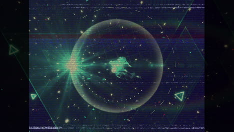 animación de la pantalla con líneas de glitch, figuras geométricas y red de conexiones en púrpura