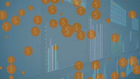 animación del procesamiento de datos sobre símbolos de dólares