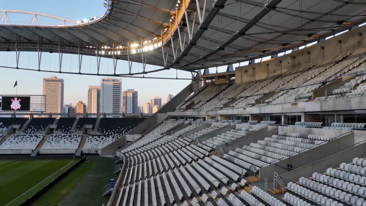 Panning camera revealing right stand at stadium, capturing white seats and scoreboard, copy space