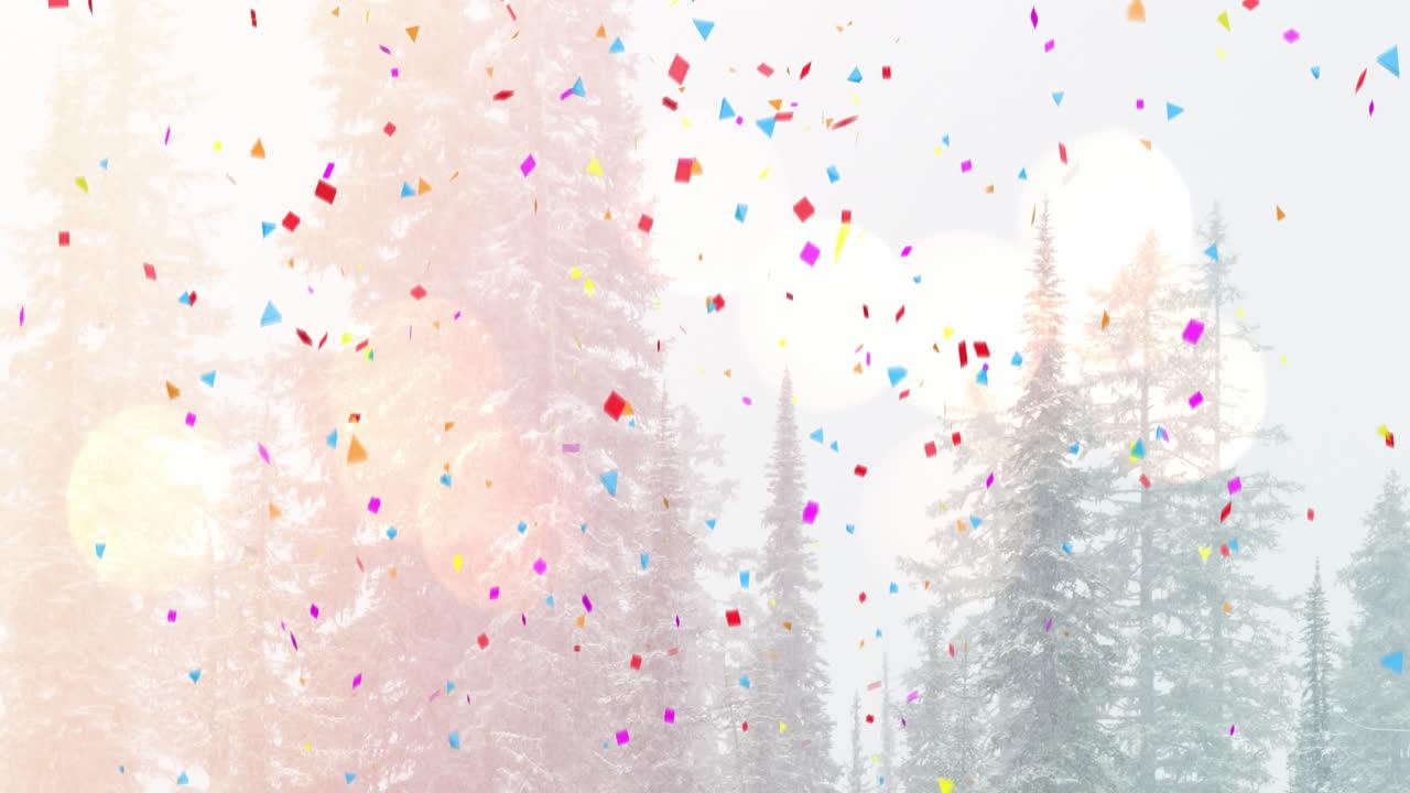 겨울 풍경에서 크리스마스 나무 위에 떨어지는 콘페티의 애니메이션