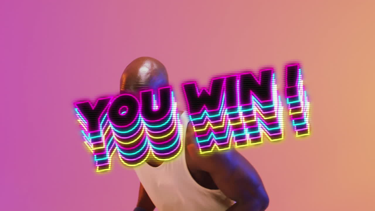 animación de usted ganar texto sobre jugador de baloncesto en fondo de neón