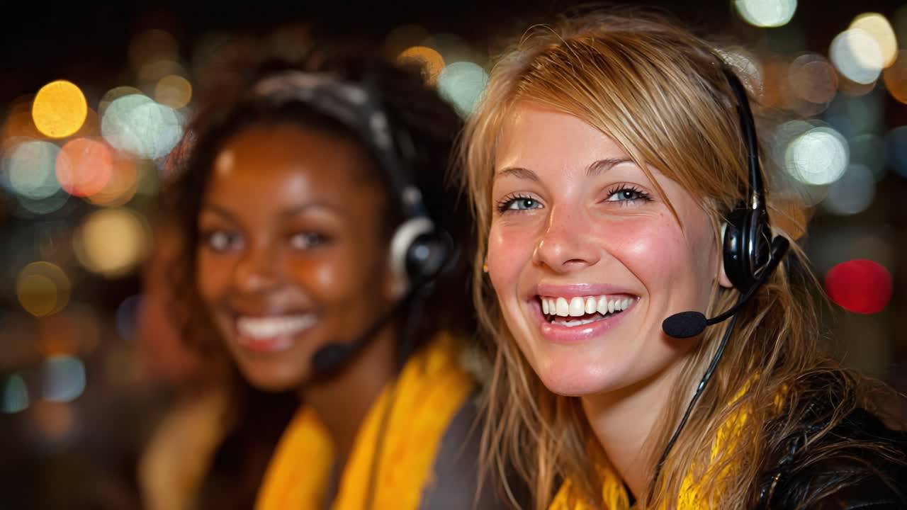 Duas mulheres alegres, ambas usando fones de ouvido e sorrisos radiantes, mostram uma atmosfera dinâmica e amigável enquanto conversam em um plano de fundo vibrante de luzes bokeh.
