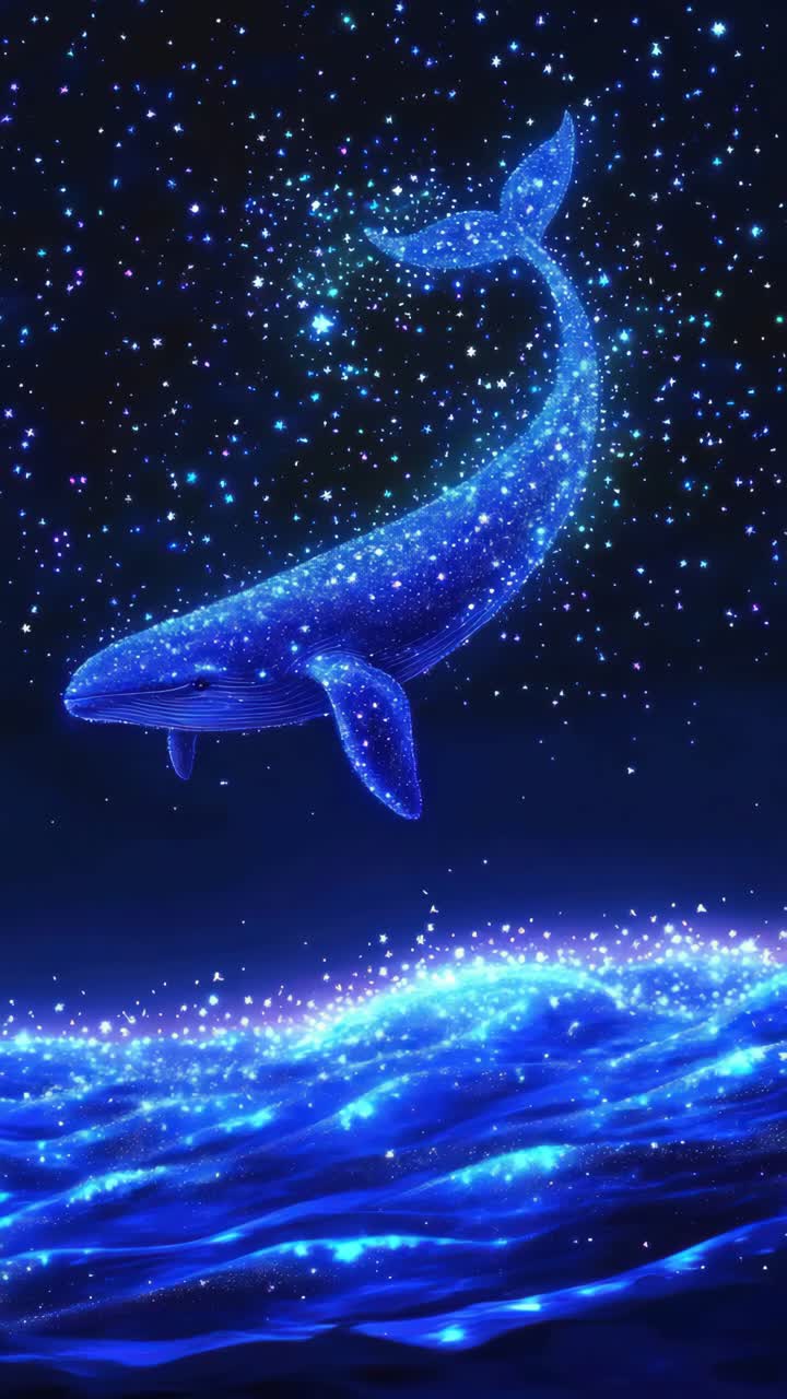 A magical, starry whale floats in a cosmic sea, viewed from a low angle