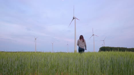 Mujer-Joven-Está-Caminando-A-Través-Del-Campo-De-Grano-Con-Hierba-Alta-Hacia-Grandes-Molinos-De-Viento-Para-El-Parque-De-Tecnología-De-Energía-Renovable-Con-Turbinas-Altas-En-Tierras-De-Cultivo-Holandesas-Tiro-Bajo-4k