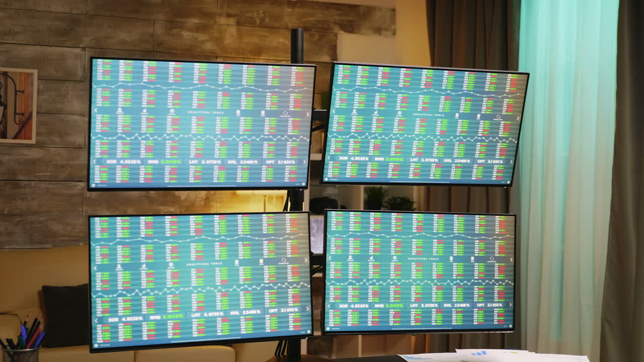 Room with monitors showing stock market graphs