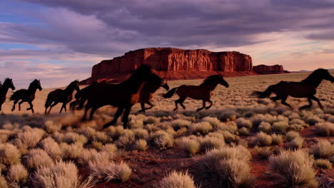 wild horses galloping through a dusty desert landscape at sunset