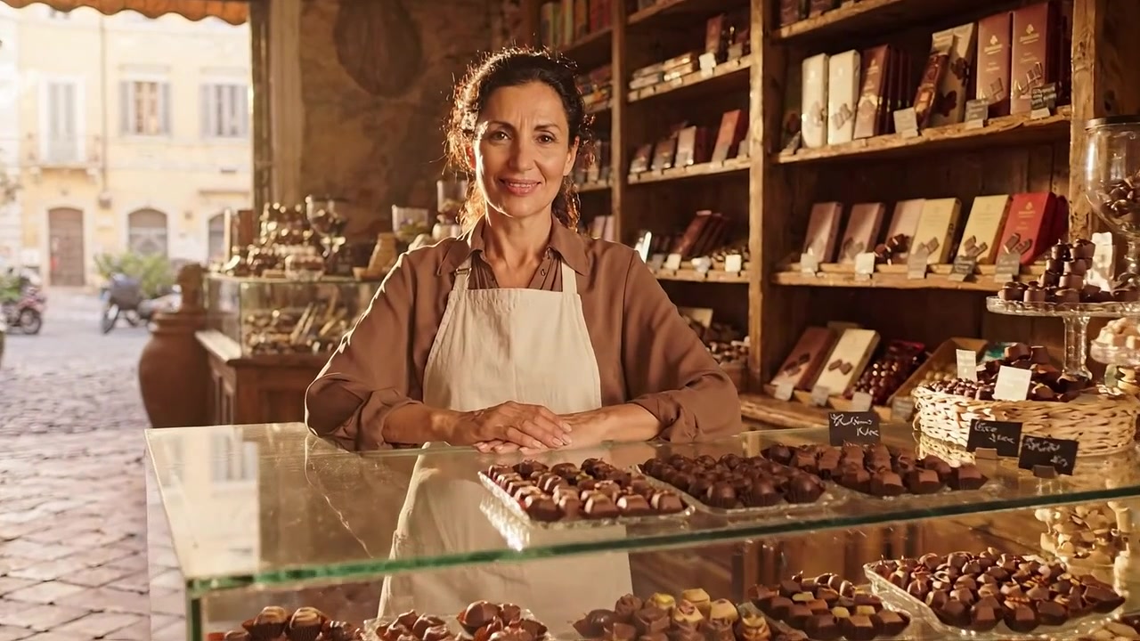 Incantevole Cioccolateria Artigianale: Un sorriso caloroso al bancone con squisite prelibatezze esposte in un'accogliente atmosfera da boutique e luce naturale.