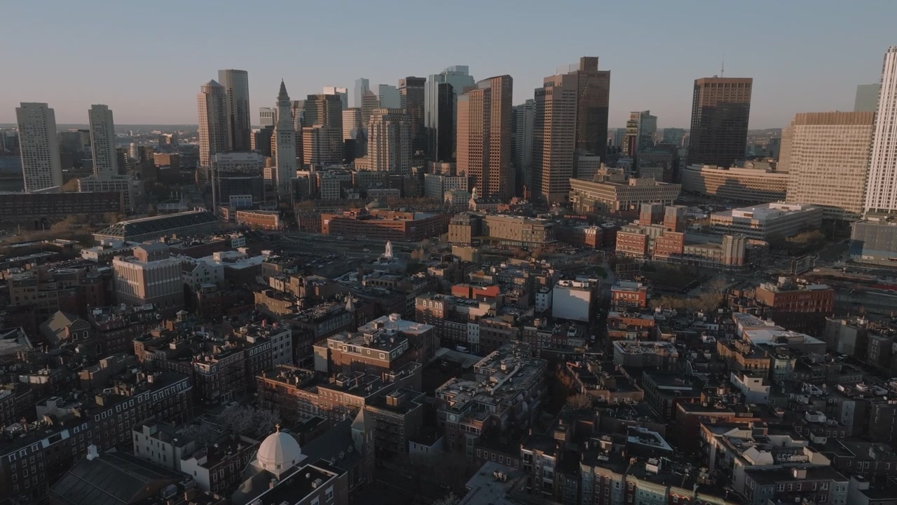 Aerial view of Boston's North End at sunrise. Shot on a spring morning.Aerial view of Boston's North End. Shot at sunrise.