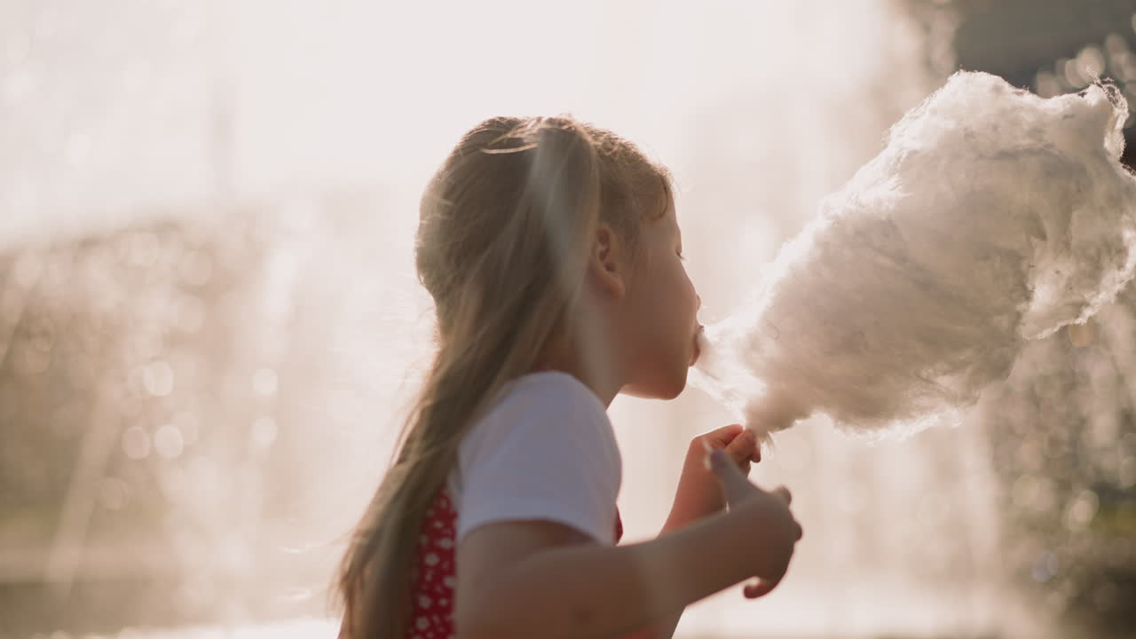 예쁜 소녀는 흐릿한 분수에 대항하여 설탕 면을 먹습니다.