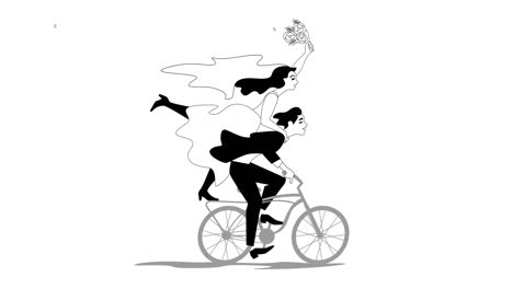 animation of bride and groom riding bicycle