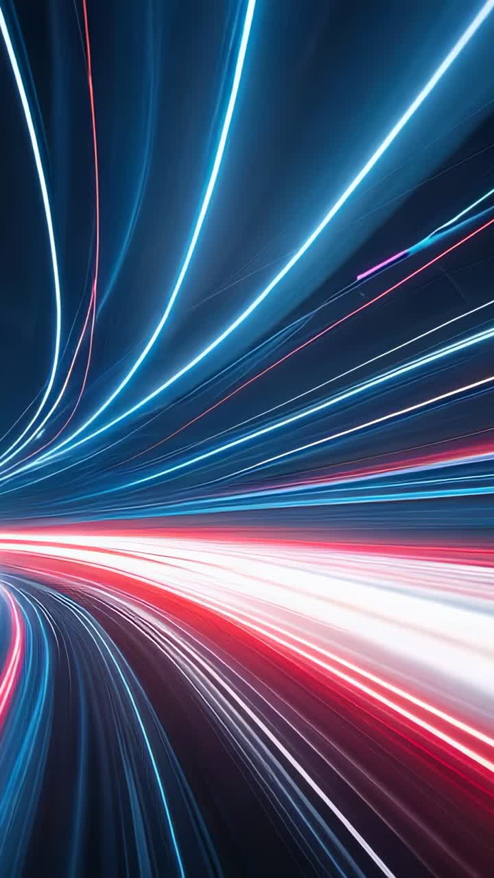 Vertical video: Neon light streaks racing through virtual tunnel on playback start, showing speed