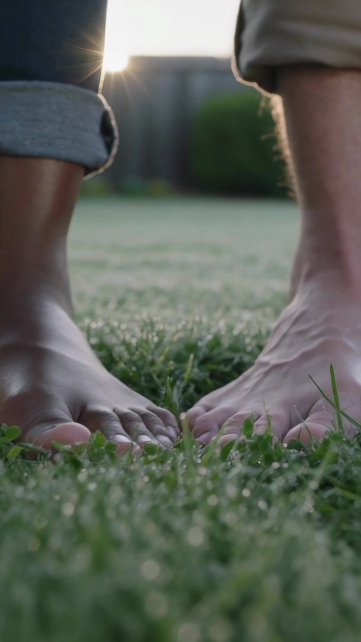 Vertical video: Walking pair stepping onto dewy lawn aligning bare feet, rolled cuffs ring glinting
