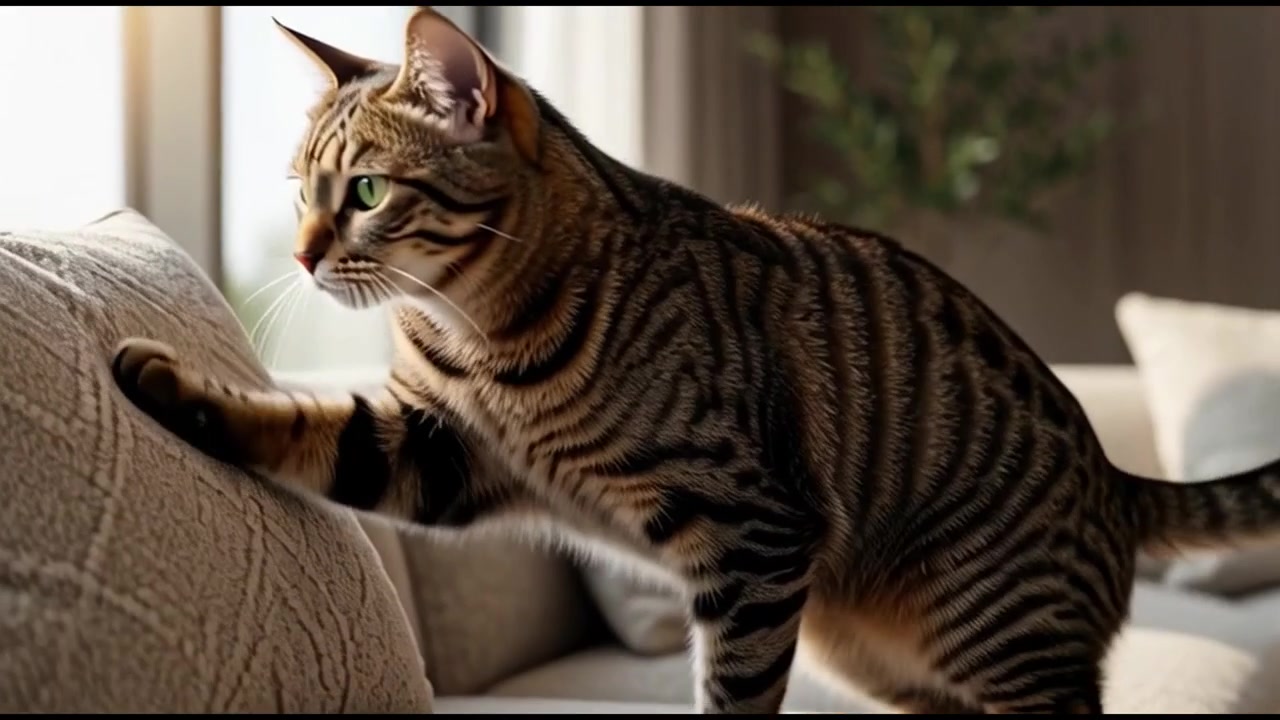 Gato atigrado caminando y jugando en una sala de estar de lujo moderna