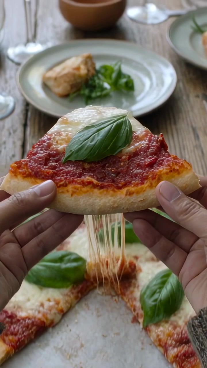 Video verticale: Mani che afferrano una fetta di pizza su un tagliere di legno, con maglione di lana, per servire o mangiare.