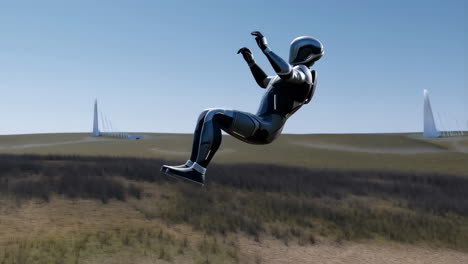 futuristic figure performing mid-air acrobatics in an open landscape