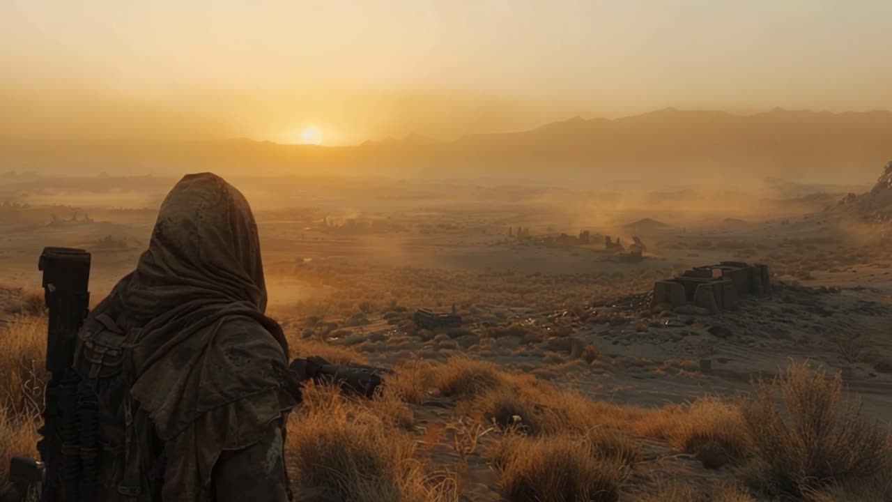 Hooded Figure Overlooking Desert Ruins at Sunset
