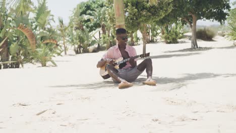 feliz hombre afroamericano sentado bajo un árbol tocando la guitarra y cantando en una playa soleada, cámara lenta