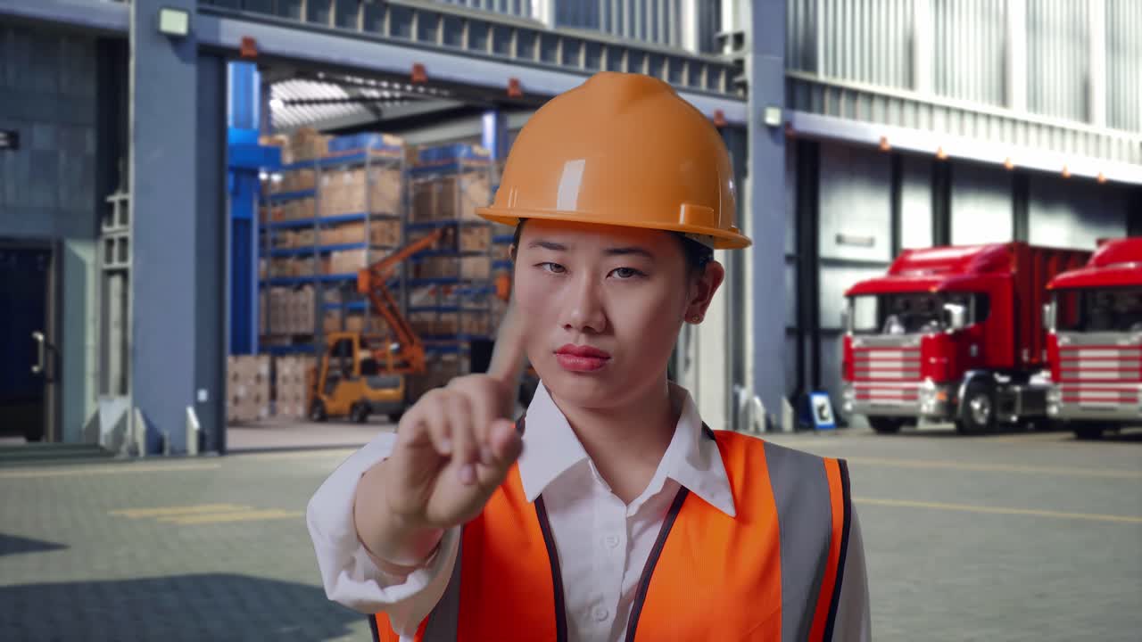 Close Up Of Asian Female Engineer With Safety Helmet Disapproving With No Index Finger Sign, Outside of Logistics Distributions Warehouse