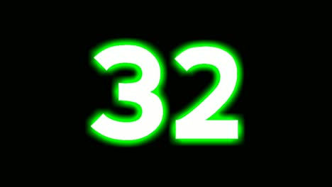 neon number 32 thirty two sign symbol modern animation motion graphics flicking on black background,green color glowing and shining for video elements