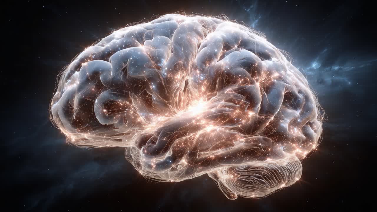 Una splendida visualizzazione del cervello umano illuminato da energia cosmica che rappresenta le profondità della coscienza e delle connessioni neurali in un regno cosmico ipotetico.