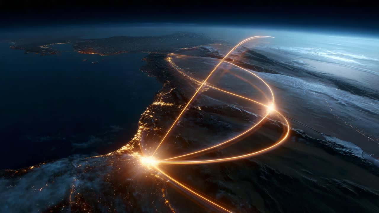 Dynamic Communication Links: A Visual Representation of Connectivity and Data Transfer Above Earth's Horizon, Showcasing Geographical Areas and Pathways of Information Flow
