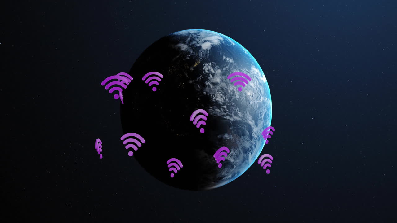 Animation of globe with wifi icons on black background
