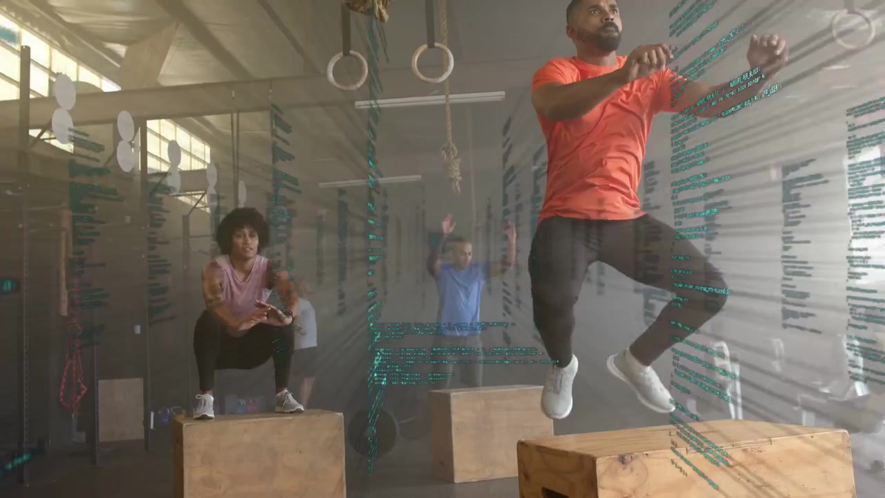 Orange-shirted man leading fitness class on plyo boxes, teal overlay sparking jumps, holding squats
